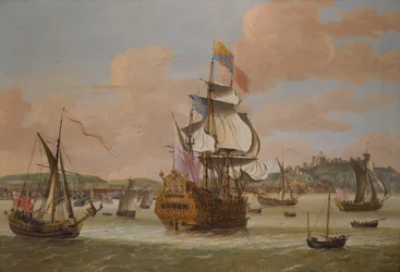 Karel II en Jacobus, Hertog van York, aan boord van H.M.S. Triumph, met drie Koninklijke Jachten van Dover